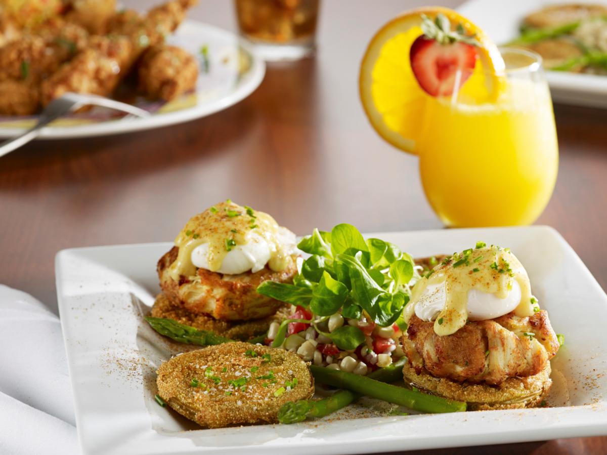 Miss Shirley's Signature Dishes - Crab Cake & Fried Green Tomato Eggs Benedict