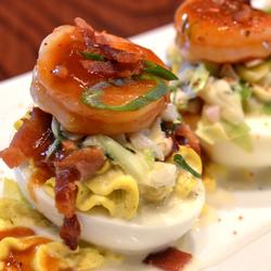 MANGO BBQ SHRIMP DEVILED EGGS